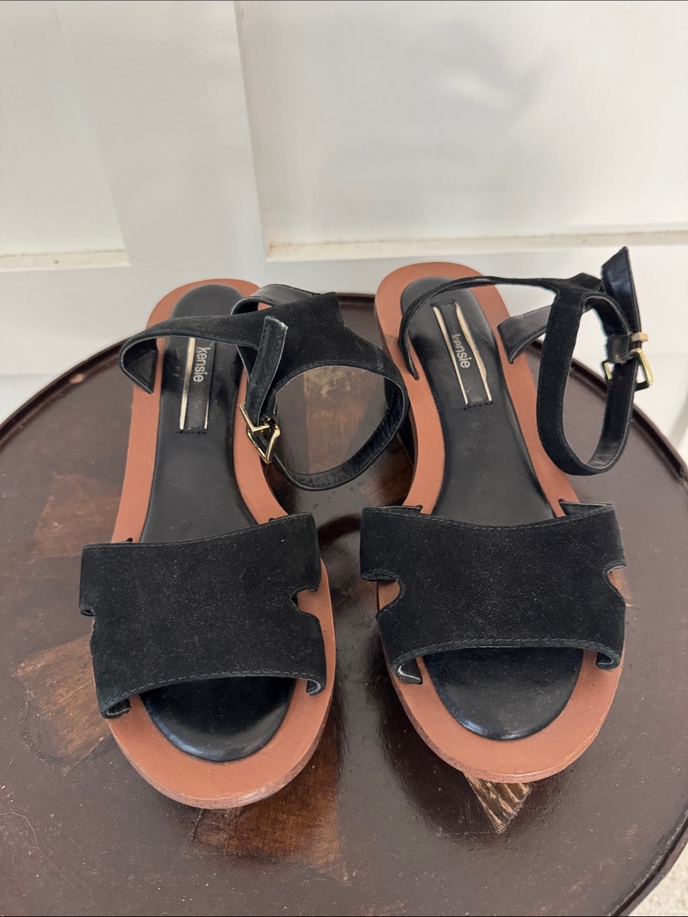 Kensie Black Suede Ankle-Strap Sandals with Brown Trim